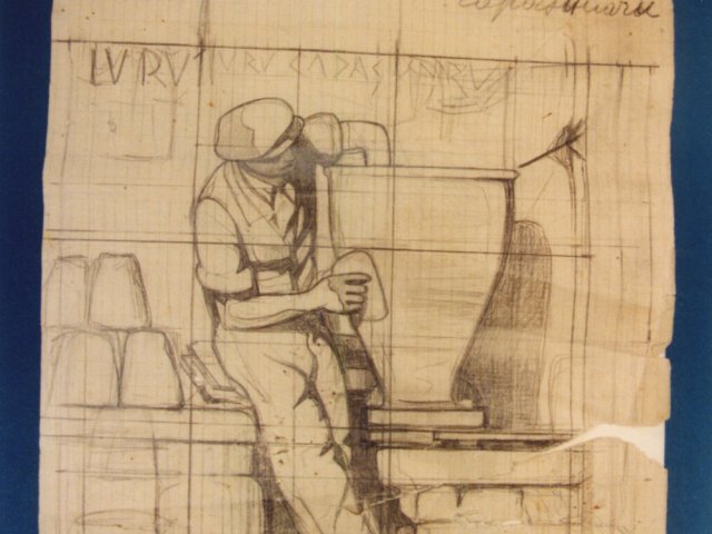 Disegno  - Disegno preparatorio del pannello raffigurante un torniante al lavoro. “Lu rutarulu capasunaru”, opera di Roberto Rosati.Scarica il file