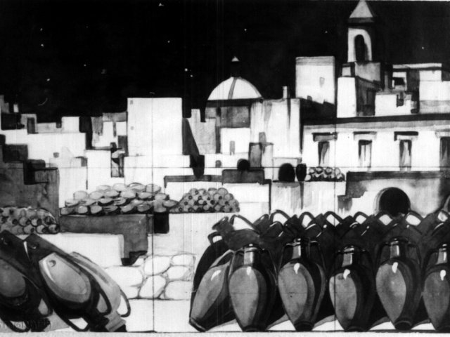 Pannello  - Pannello raffigurante i tetti delle botteghe ceramiche grottagliesi. Scuola di Roberto Rosati.Scarica il file