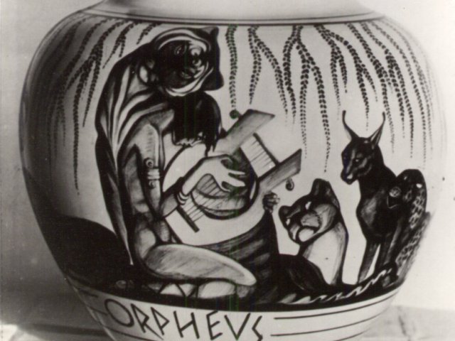 Vaso  - Vaso globulmare con Orpheus ed animali. Opera di Roberto Rosati. Scarica il file